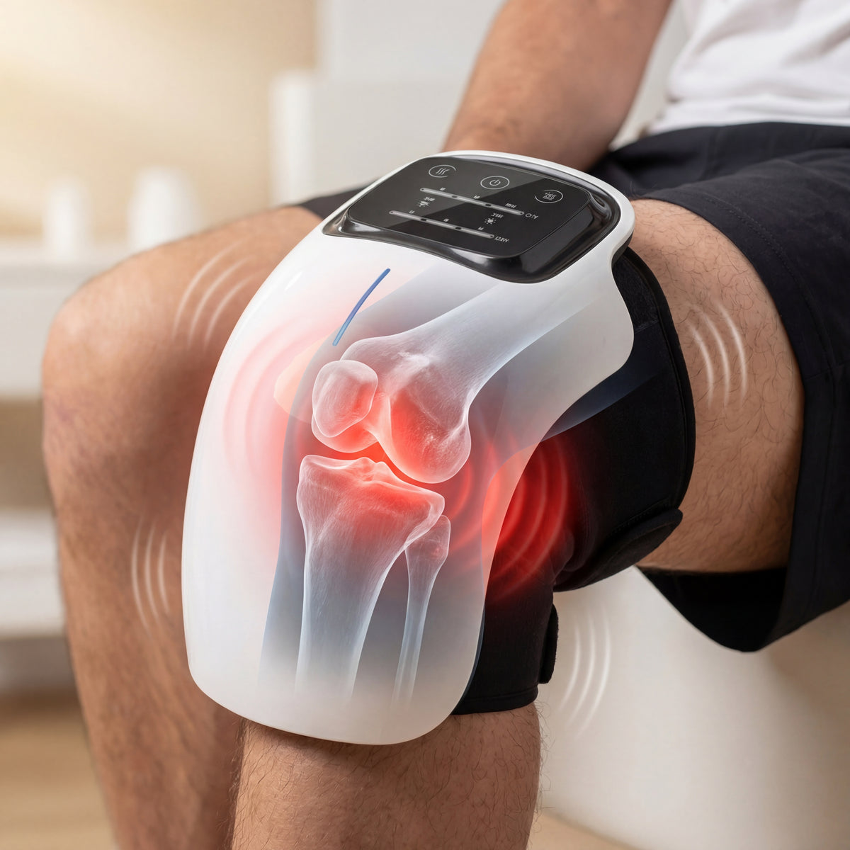 Person using a knee brace with digital display on a blurred indoor background