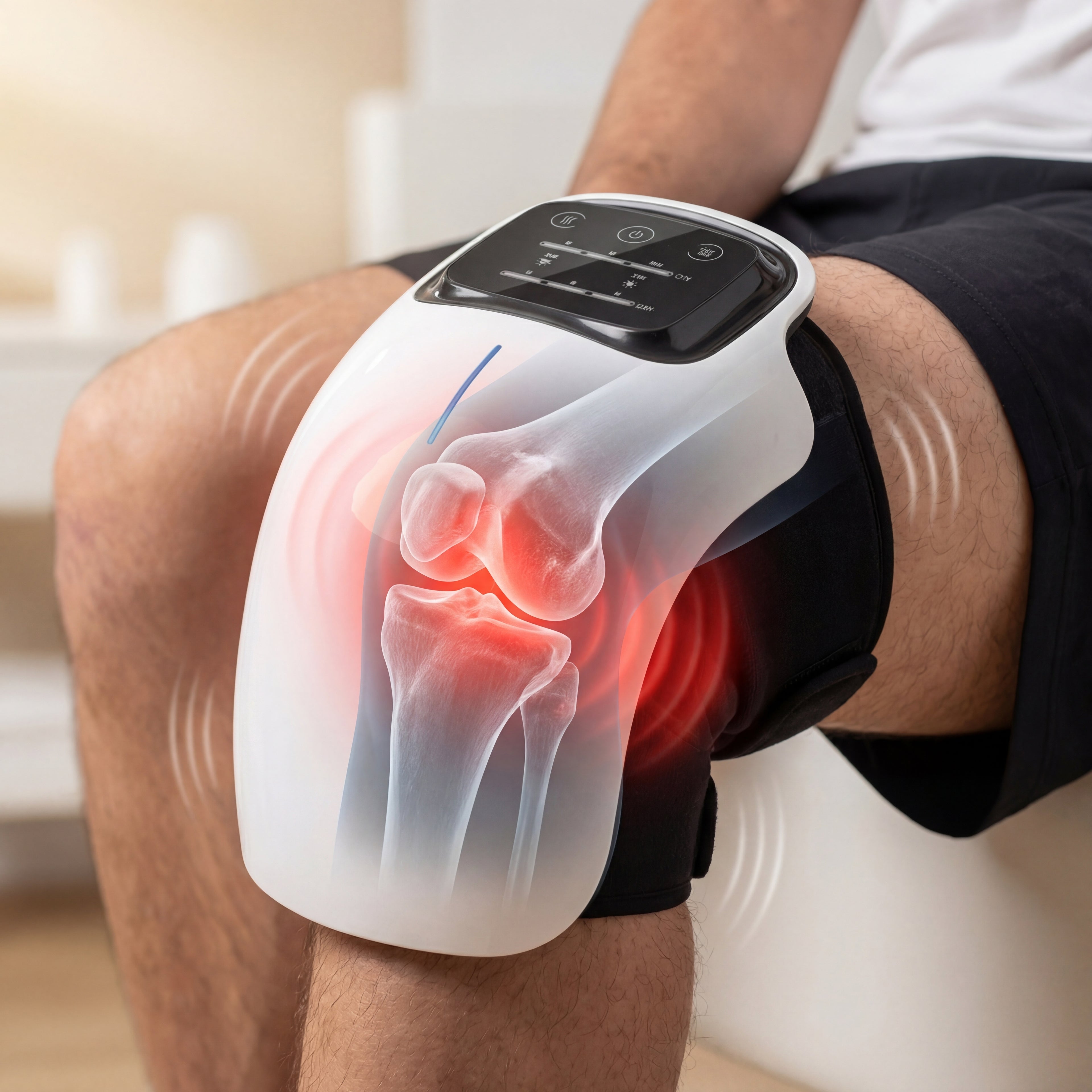 Person using a knee brace with digital display on a blurred indoor background
